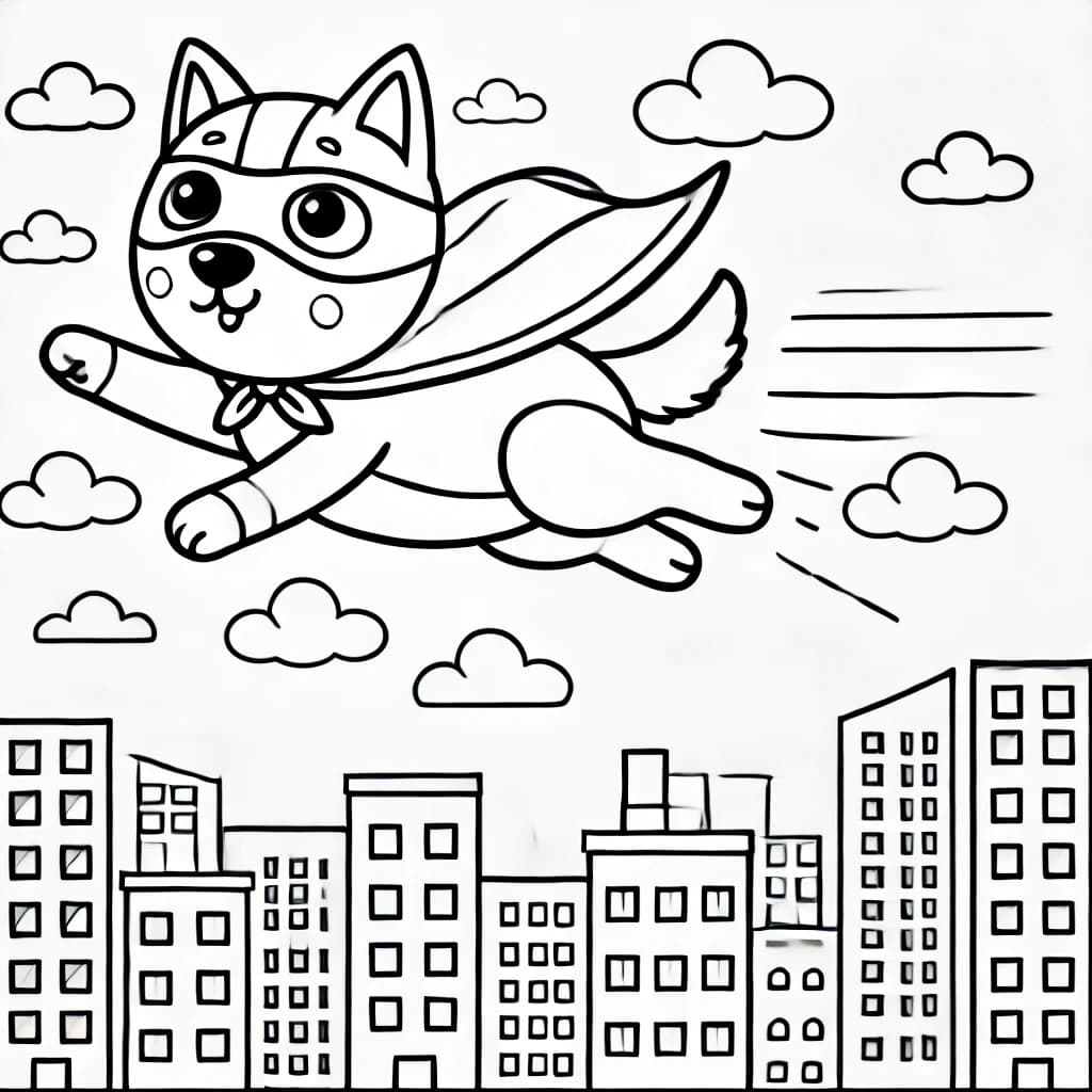 Ausmalbild - Superhelden-Hund fliegt durch die Stadt - Hund, Superheld, Cape, Stadt