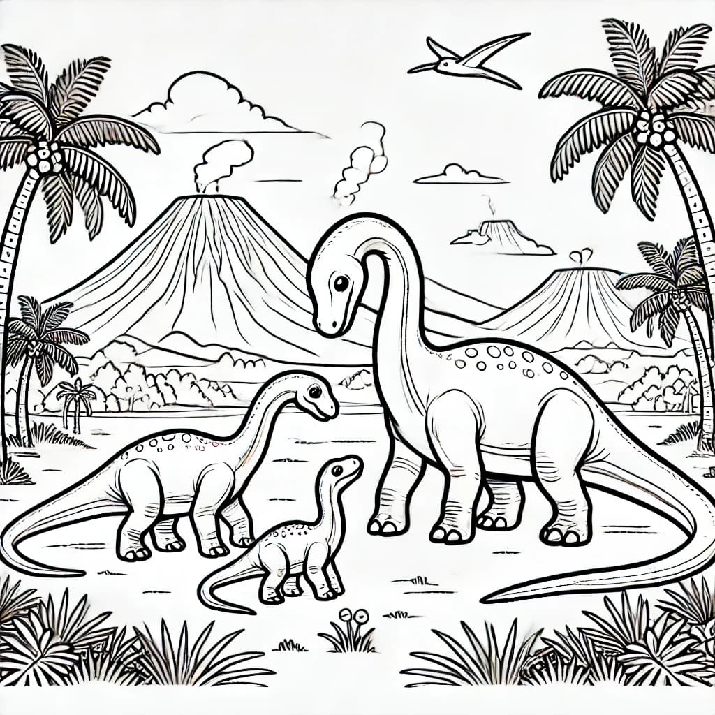 Ausmalbild - Familie Langhals Dinosaurier - Dinosaurier, Langhals, Familie, Urzeit