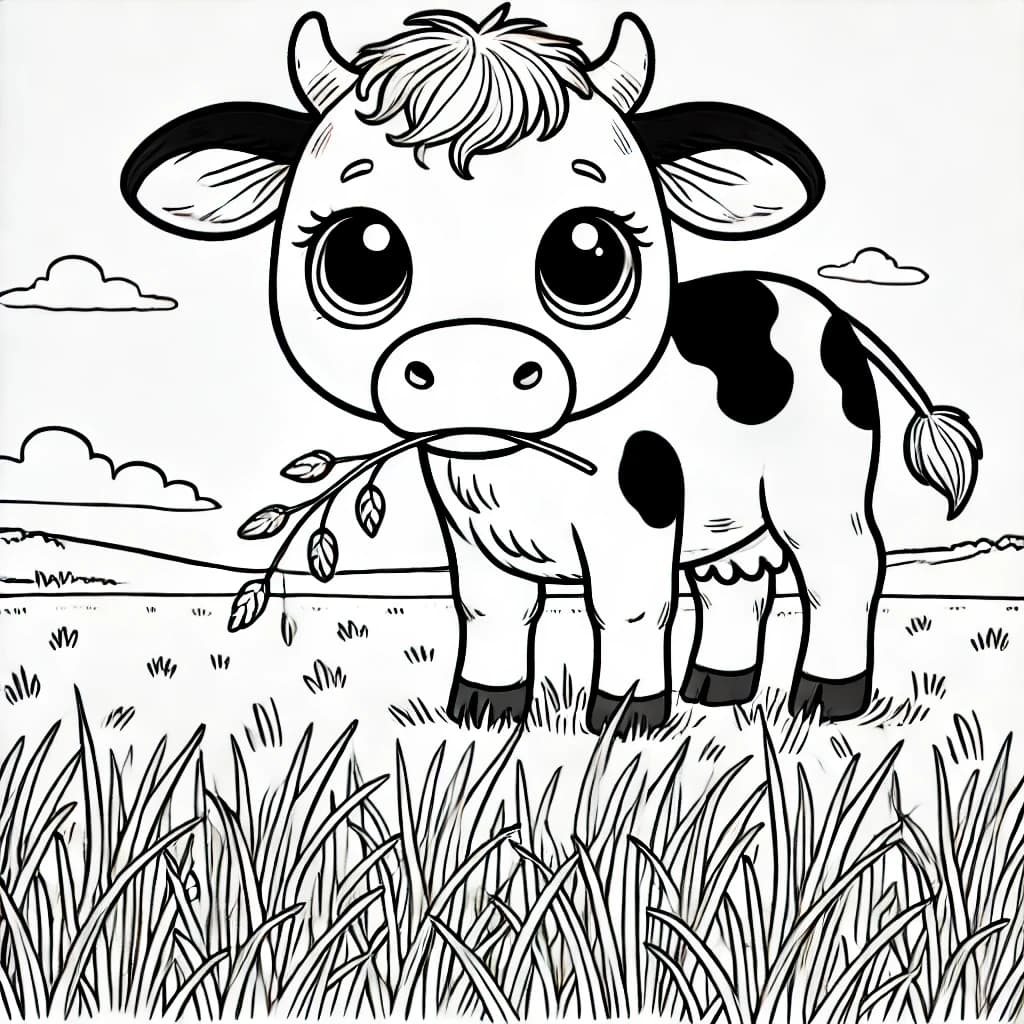 Ausmalbild - Gemütliche Kuh auf der Weide - Kuh, Weide, Gras, Bauernhof