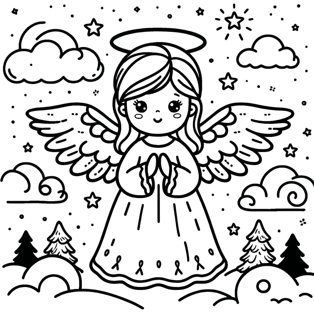 Ausmalbild - Engel im Sternenhimmel - Engel, Wolken, Sterne, Himmel