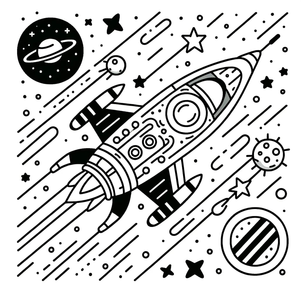 Ausmalbild - Weltraumabenteuer Raumschiff - Weltraum, Raumschiff, Planeten