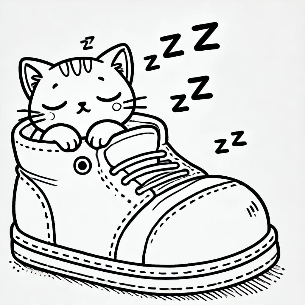 Ausmalbild - Schlafende Katze im Schuh - Katze, Schuh, Schlafen, Schnarchen