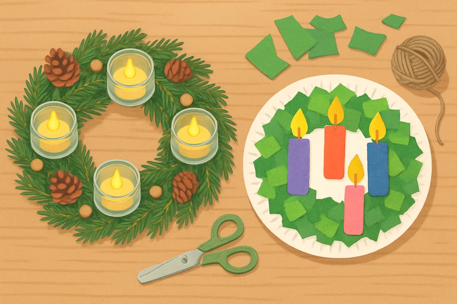 Adventskranz basteln mit Kindern: 4 Ideen ohne offene Flamme - Vier Adventskränze ab 3 Jahren für den Advent: Pappteller, Handabdrücke, Tannenzweige und der klassische Kranz – mit LED-Alternative, Materialkosten und Trockenzeiten.