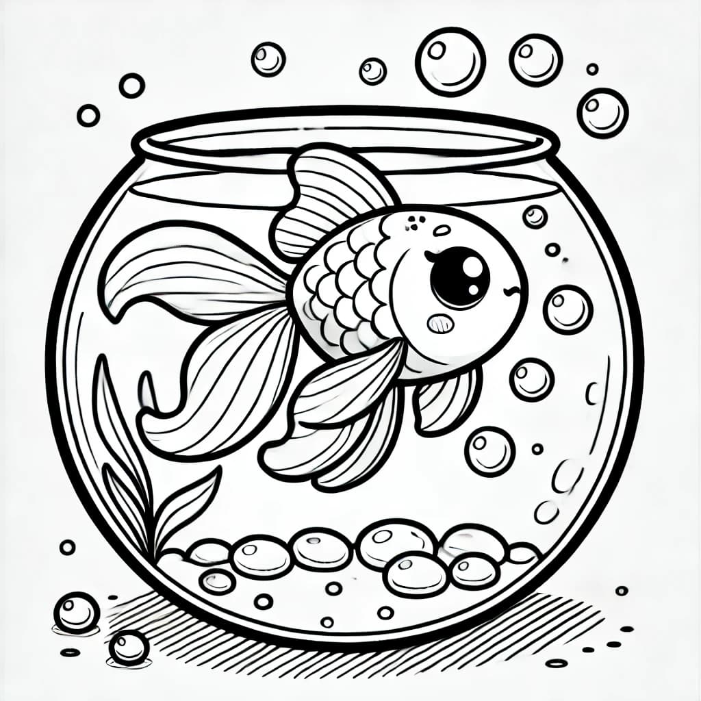 Ausmalbild - Goldfisch im Glas - Goldfisch, Fischglas, Blasen, Wasser