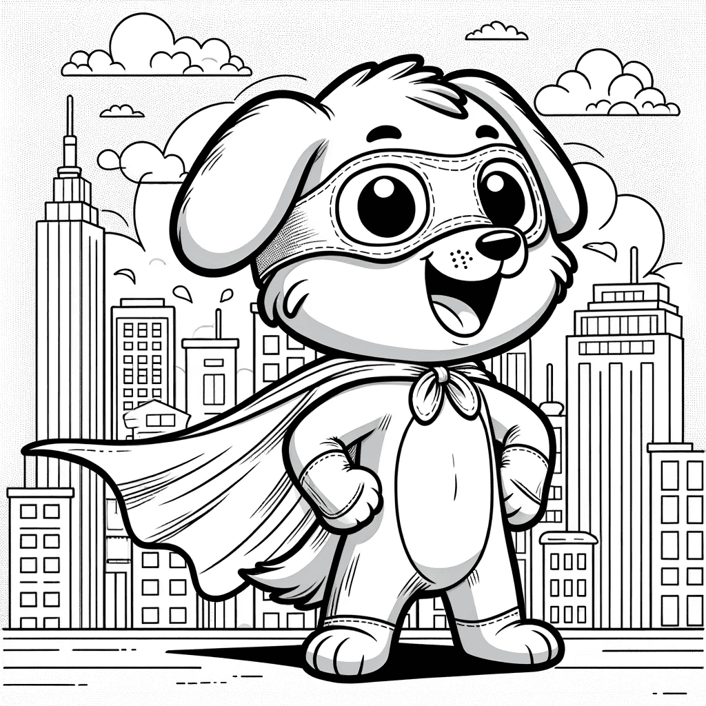 Ausmalbild - Der Superhelden-Hund auf Abenteuer - Superheld, Hund, Umhang, Maske
