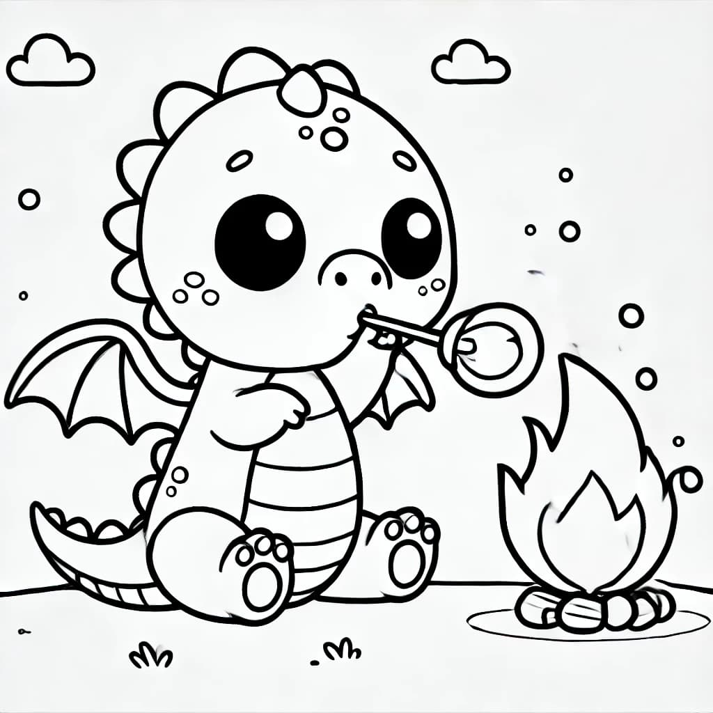 Ausmalbild - Kleines Drachenbaby beim Glasblasen - Drache, Baby, Feuer, Fantasie