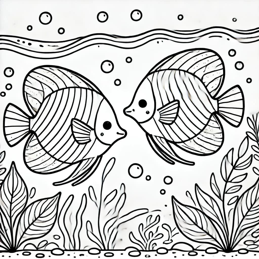 Ausmalbild - Zwei Blattfische im Wasser - Fisch, Unterwasser, Meer, Blätterfisch