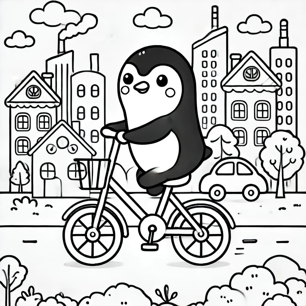 Ausmalbild - Pinguin auf Fahrrad in der Stadt - Pinguin, Fahrrad, Stadt, Gebäude