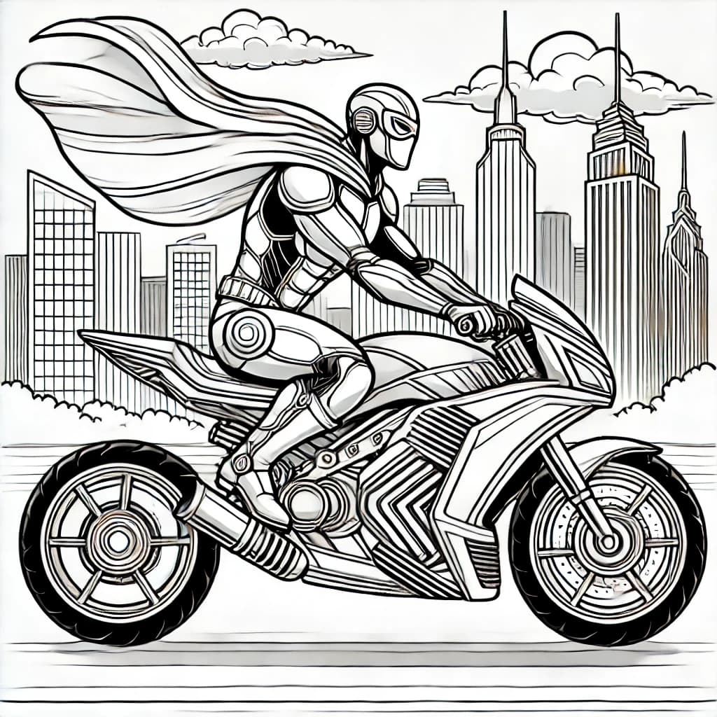 Ausmalbild - Superheld auf dem Ultra-Motorrad - Superheld, Motorrad, Stadt, Skyline