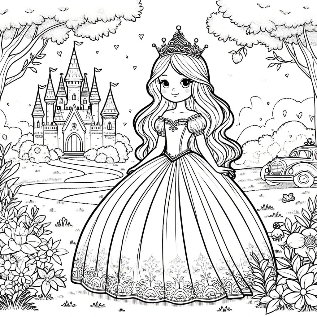 Ausmalbild - Prinzessin im Zauberwald - Prinzessin, Schloss, Garten, Blumen