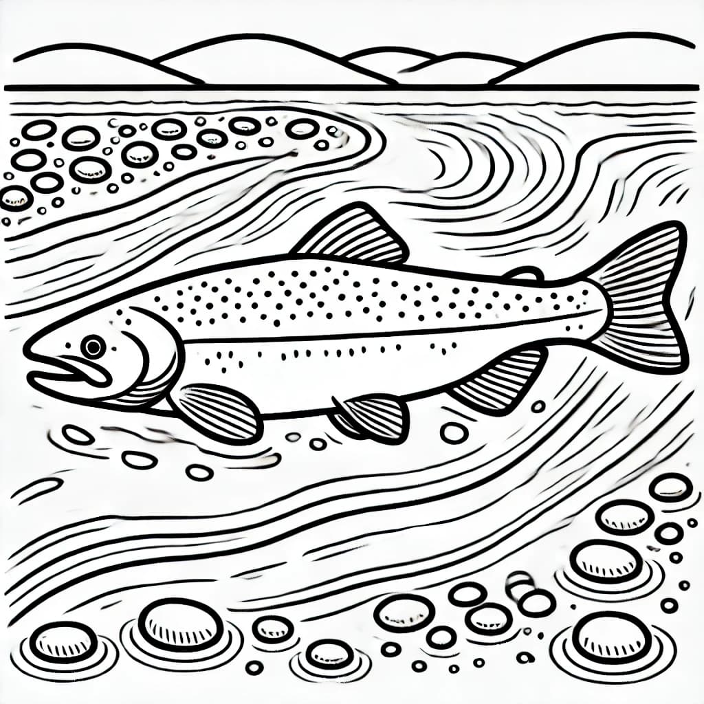 Ausmalbild - Springender Lachs im Fluss - Lachs, Fluss, Wasser, Fische
