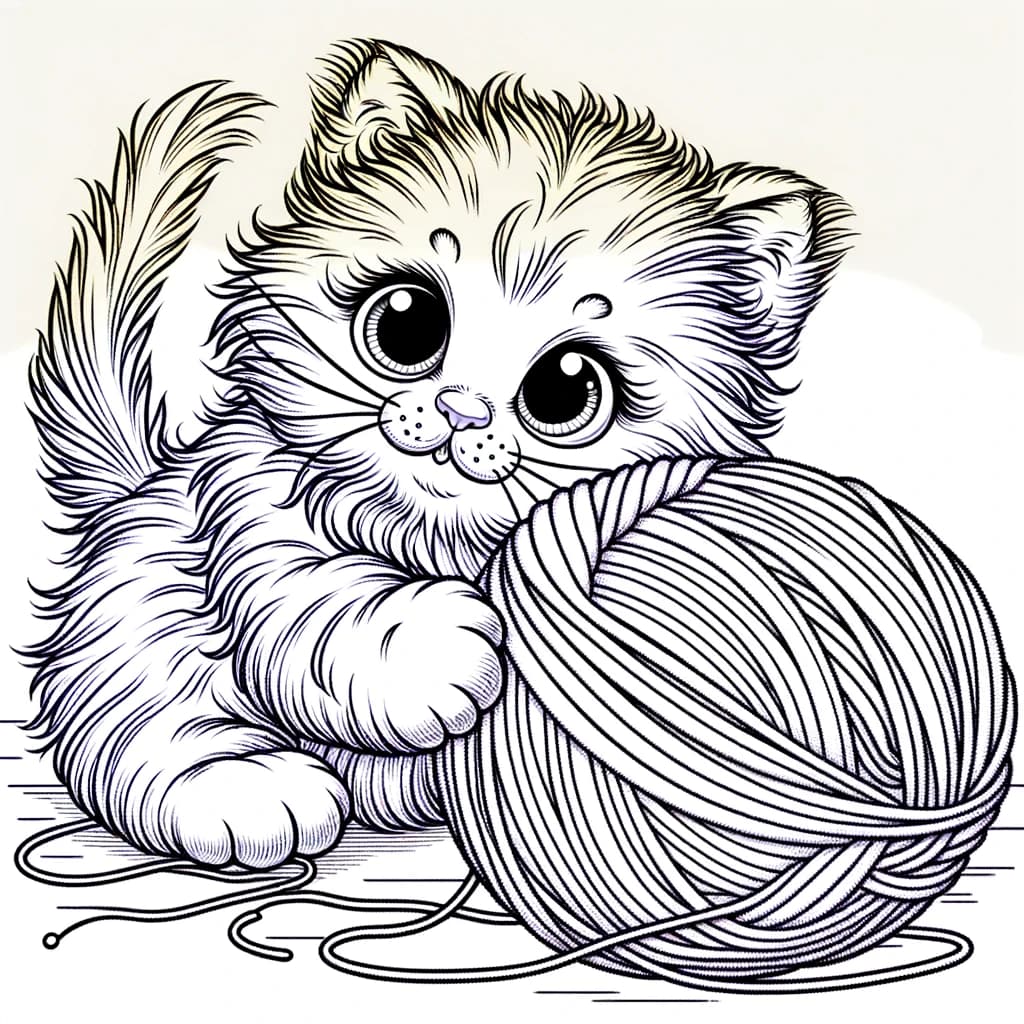 Ausmalbild - Verspieltes Kätzchen mit Wollknäuel - Kätzchen, Wollknäuel, spielen, Tier