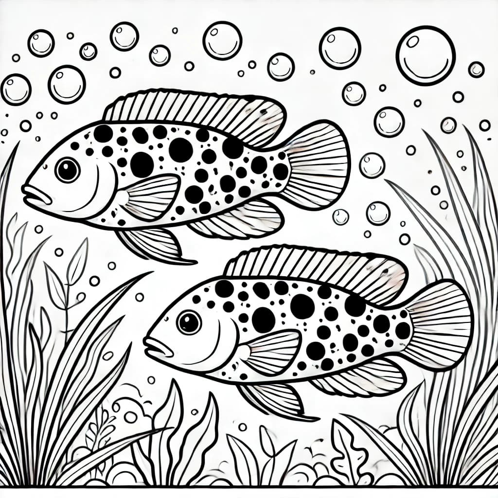 Ausmalbild - Zwei Tüpfelbuntbarsche im Wasser - Fisch, Unterwasser, Aquarium, Buntbarsch