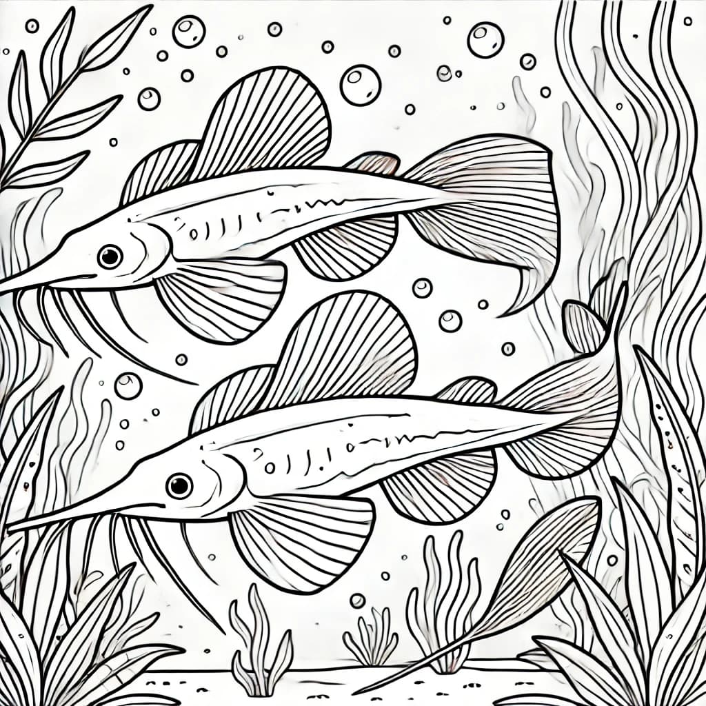 Ausmalbild - Zwei Geistermesserfische im Wasser - Fisch, Unterwasser, Geistermesserfisch, Blasen