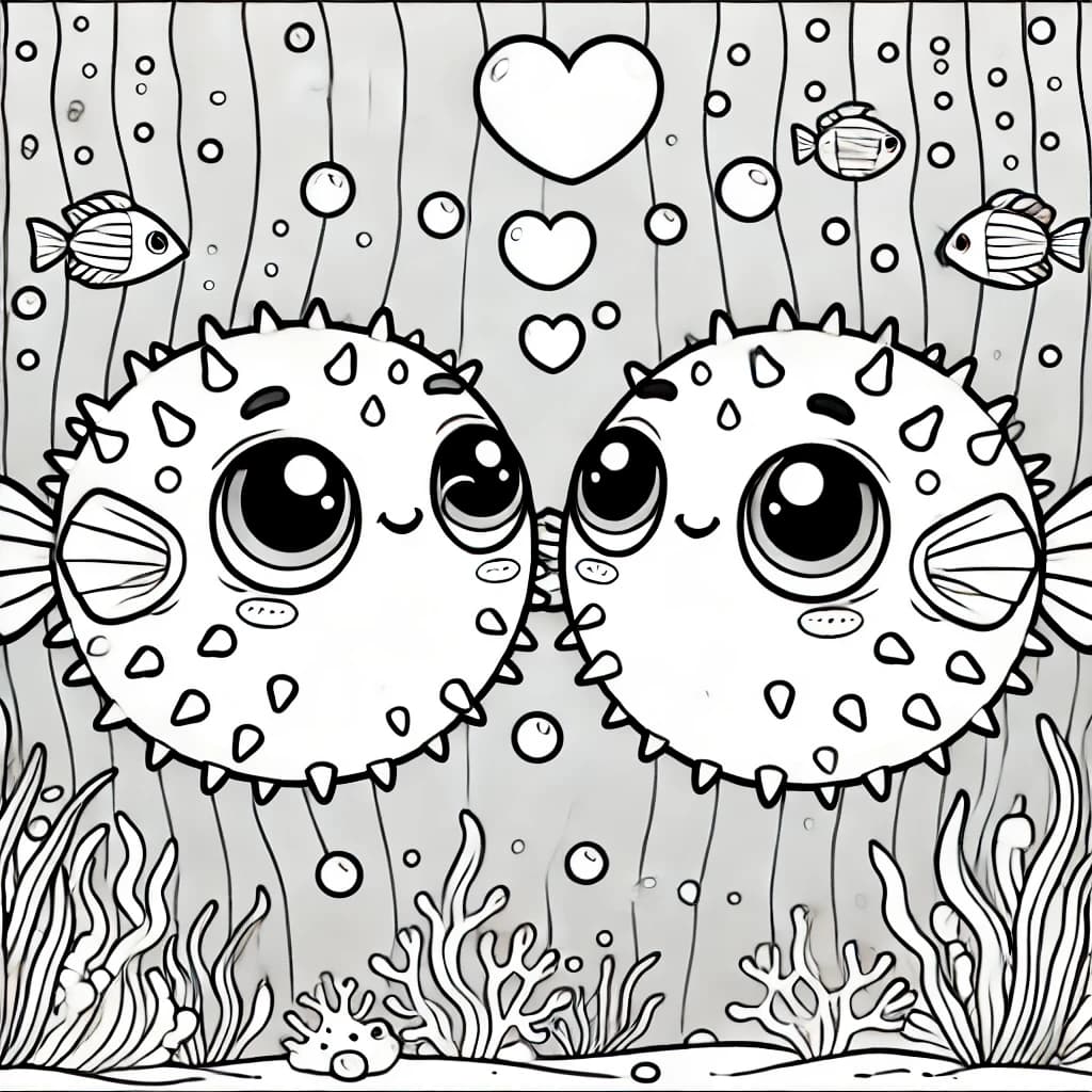 Ausmalbild - Verliebte Kugelfische - Kugelfisch, Liebe, Meer, Fische