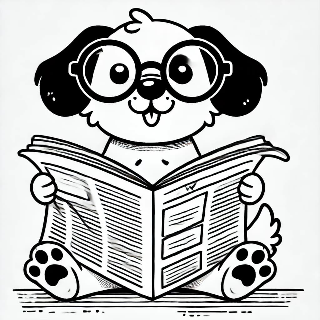 Ausmalbild - Hund mit Riesenbrille liest Zeitung - Hund, Brille, Zeitung, lustig