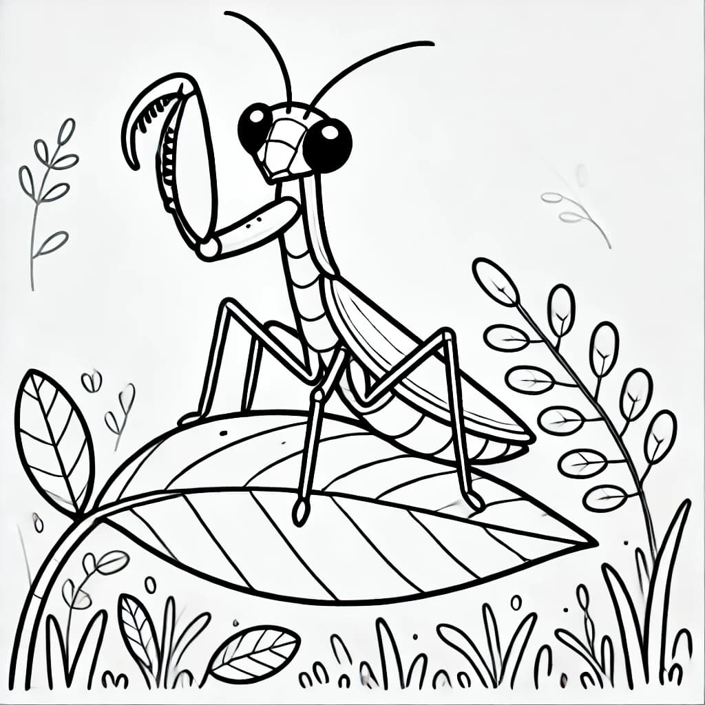 Ausmalbild - Gottesanbeterin auf einem Blatt - Gottesanbeterin, Insekten, Wirbellose, Natur