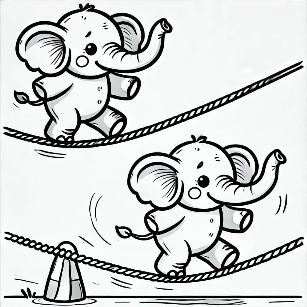 Ausmalbild - Elefant auf dem Seil - Elefant, Balancieren, Zirkus, Seiltanz