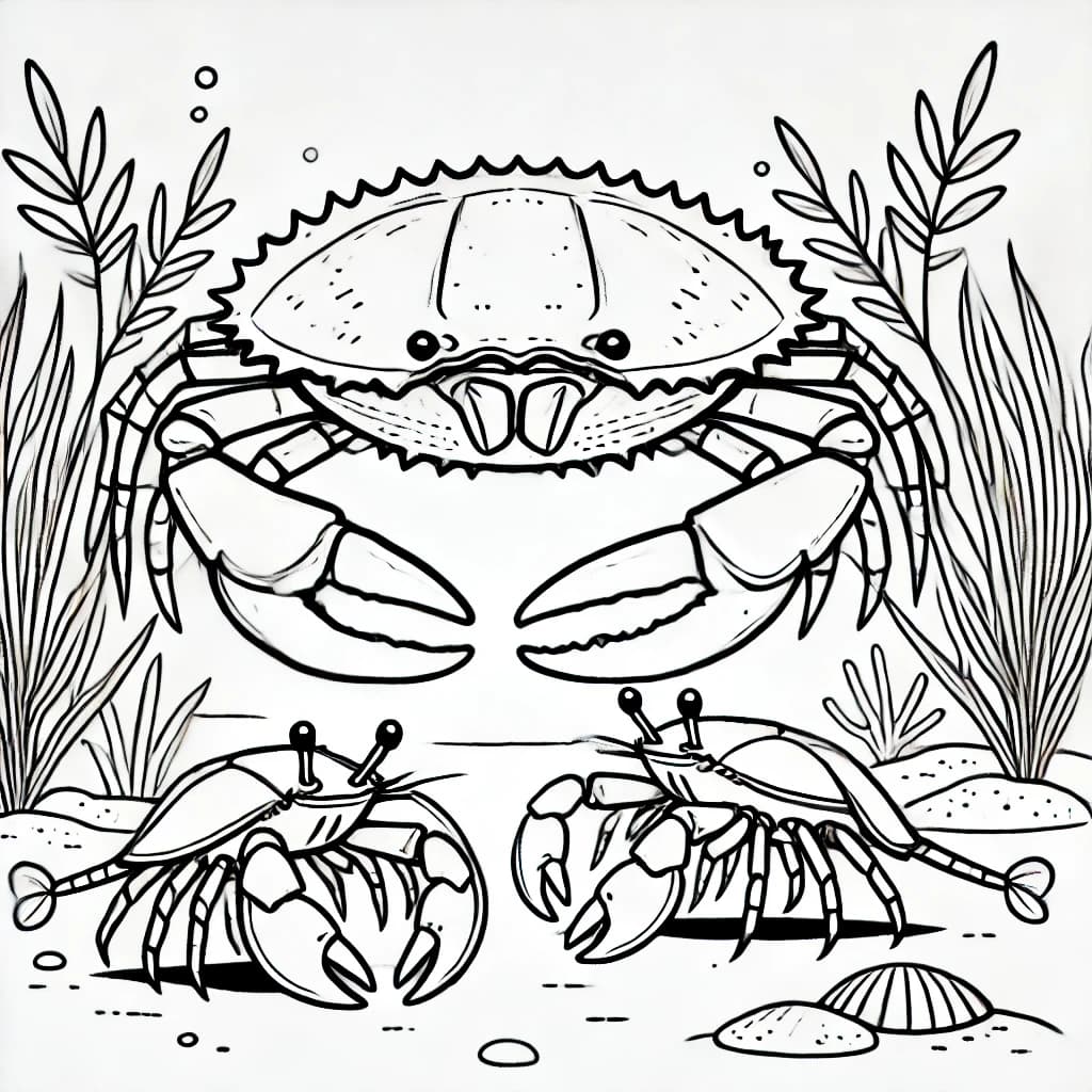 Ausmalbild - Pfeilschwanzkrebse und Riesenkrabbe im Meer - Pfeilschwanzkrebs, Riesenkrabbe, Meerestiere, Wirbellose