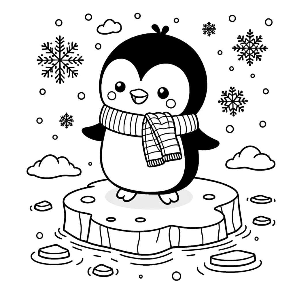 Ausmalbild - Der fröhliche Pinguin auf dem Eisberg - Pinguin, Eisberg, Schal, Schneeflocken