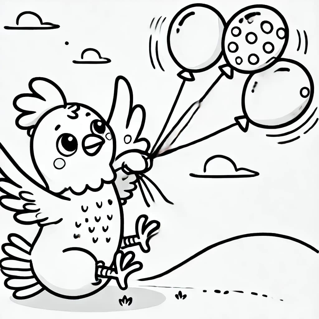 Ausmalbild - Das fliegende Huhn - Huhn, Luftballons, Fliegen, Cartoon