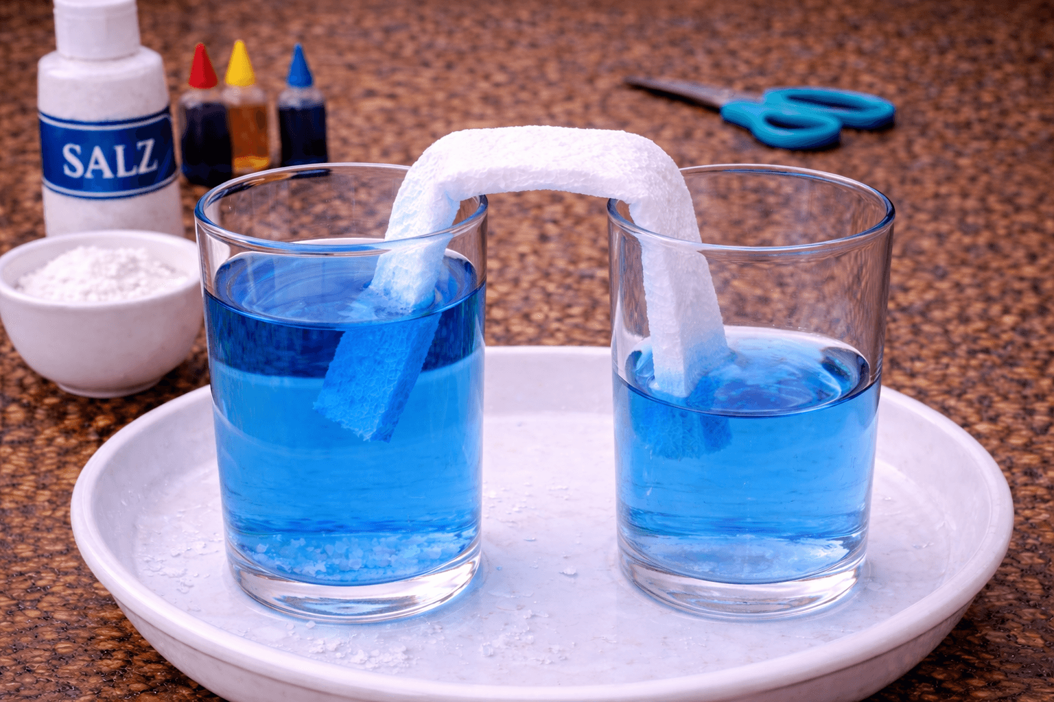 Experiment - Magische Wasserbrücke - Wasser "fließt" zwischen zwei Gläsern
