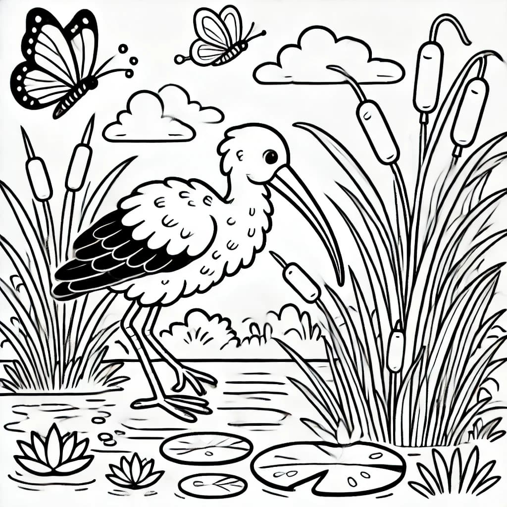 Ausmalbild - Ibisschnabel-Vogel am Teich - Vogel, Ibisschnabel, Teich, Fische