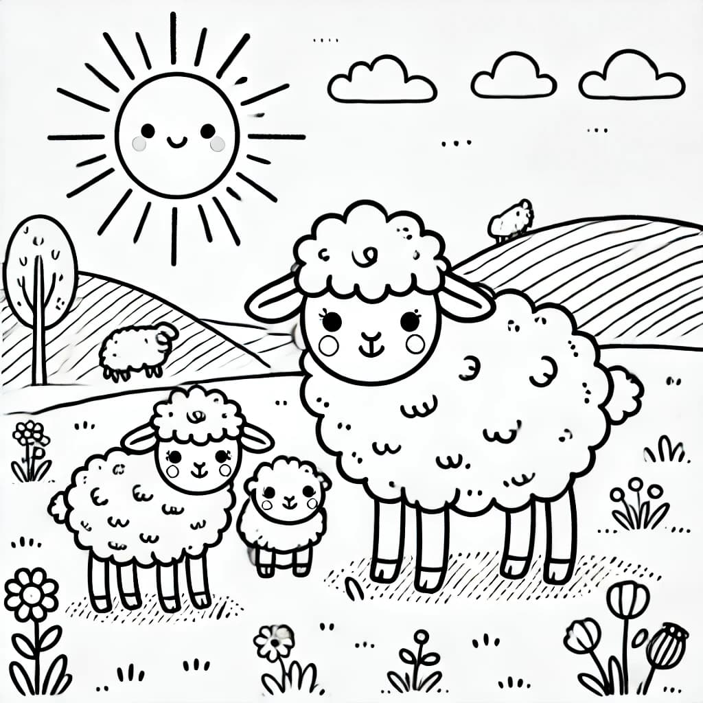 Ausmalbild - Schaffamilie auf der Wiese - Schafe, Lämmer, Wiese, Sonne