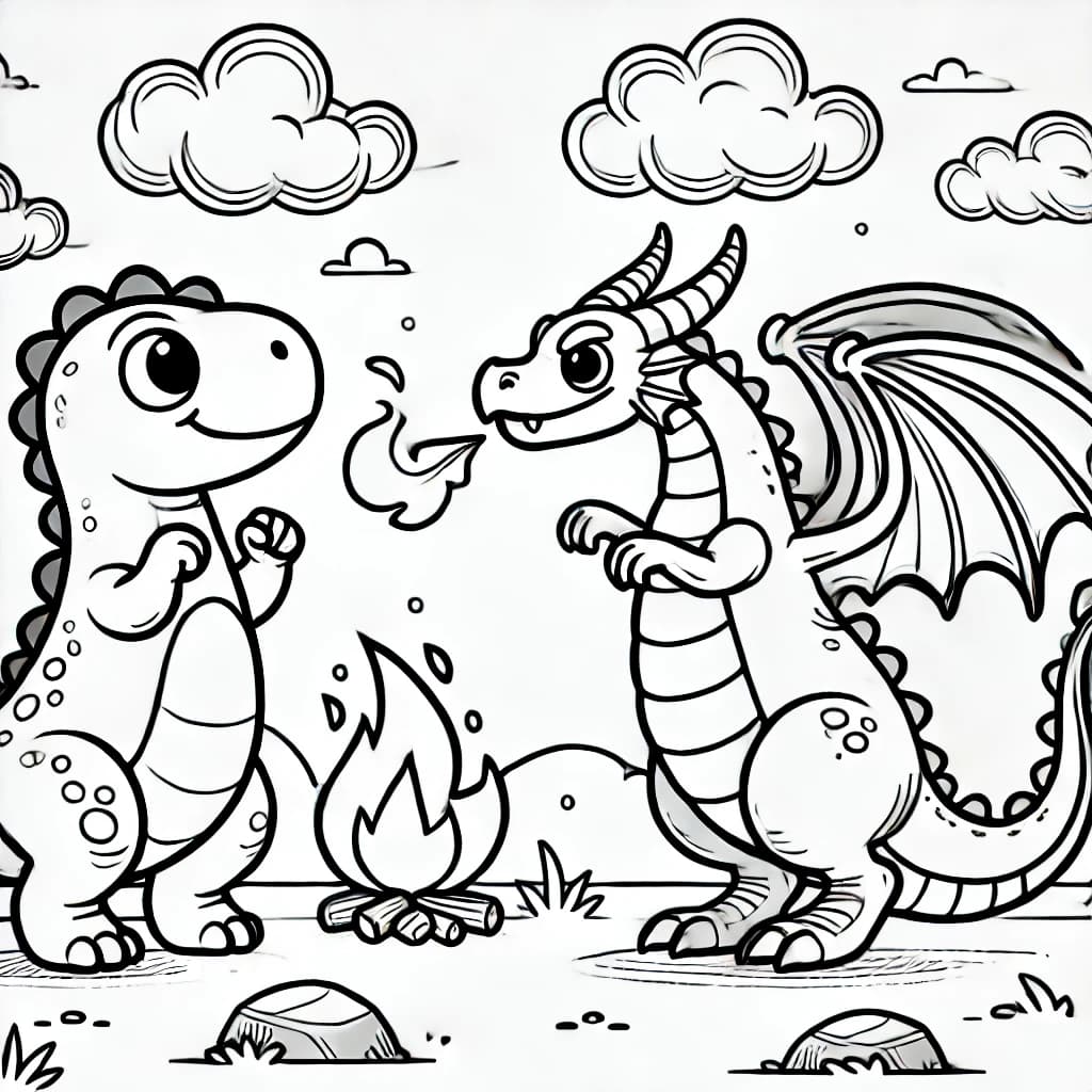Ausmalbild - Dino vs. Drache – Ein epischer Kampf - Dinosaurier, Drache, Kampf