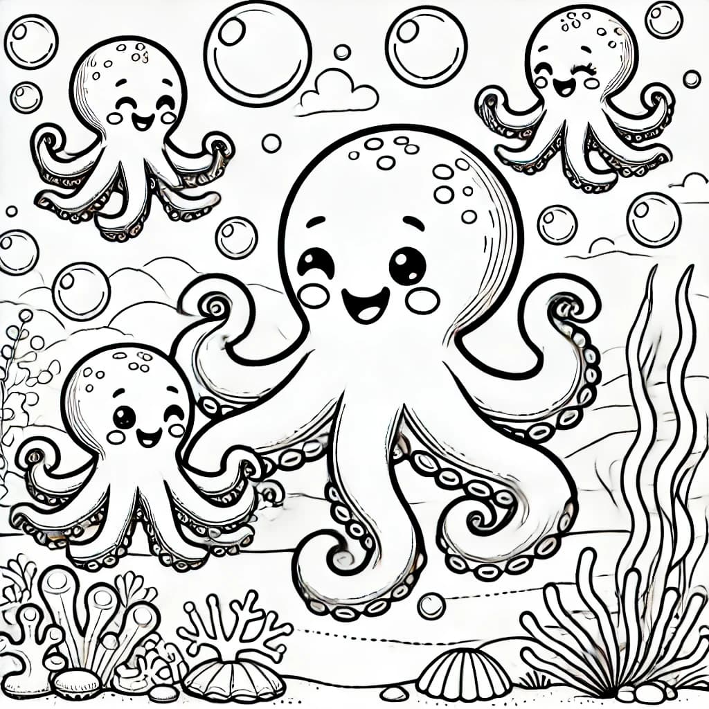 Ausmalbild - Familie Oktopus unter dem Meer - Oktopus, Meer, Unterwasser, Familie