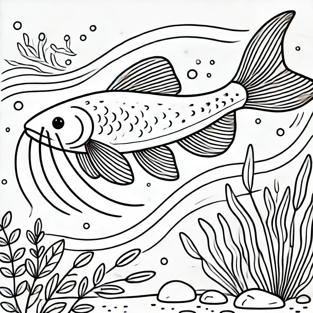 Ausmalbild - Kiemensackwels im Wasser - Fisch, Kiemensackwels, Unterwasser, Meer
