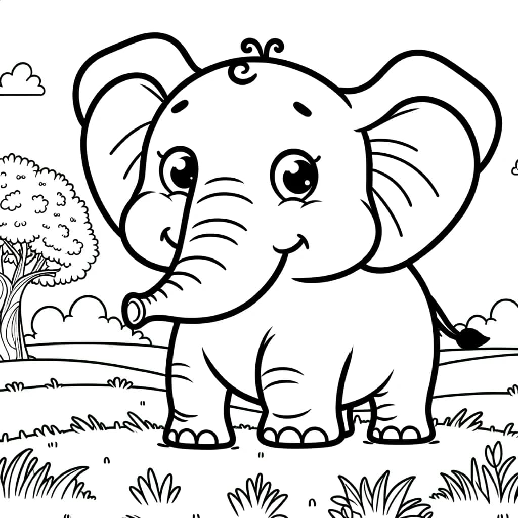 Ausmalbild - Der freundliche Elefant - Elefant, Grasfeld, Bäume, freundlich