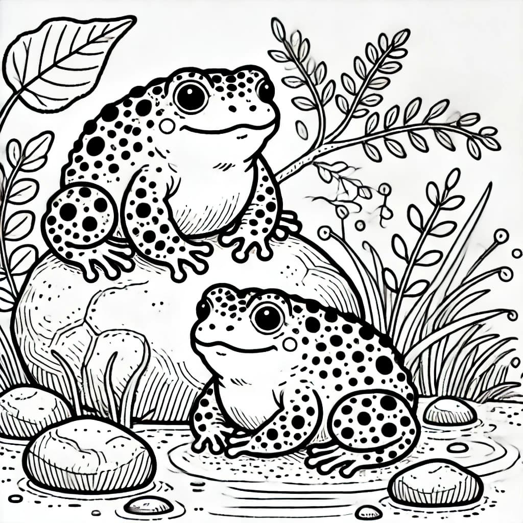 Ausmalbild - Vietnamesische Moosfrösche am Teich - Frosch, Amphibien, Teich, Natur