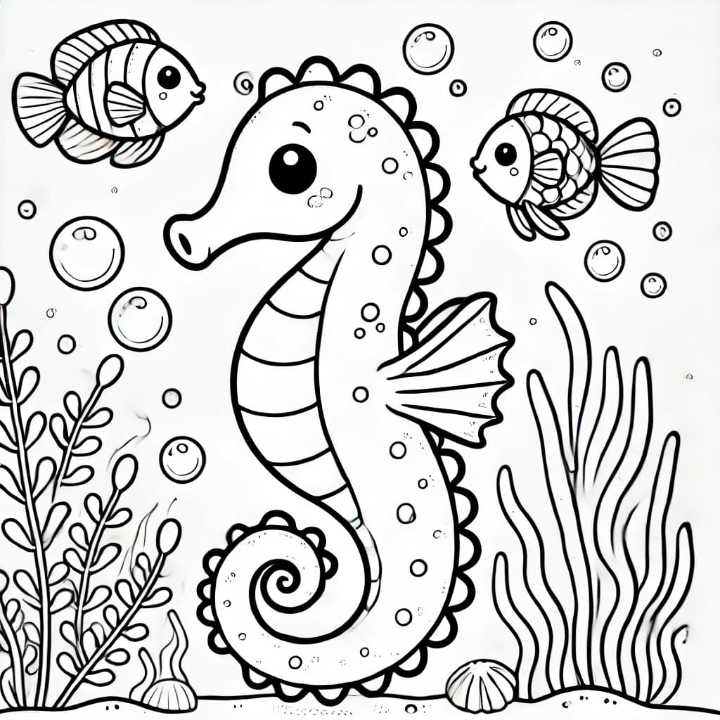 Ausmalbild - Seepferdchen im Ozean - Seepferdchen, Fische, Meer, Unterwasserwelt