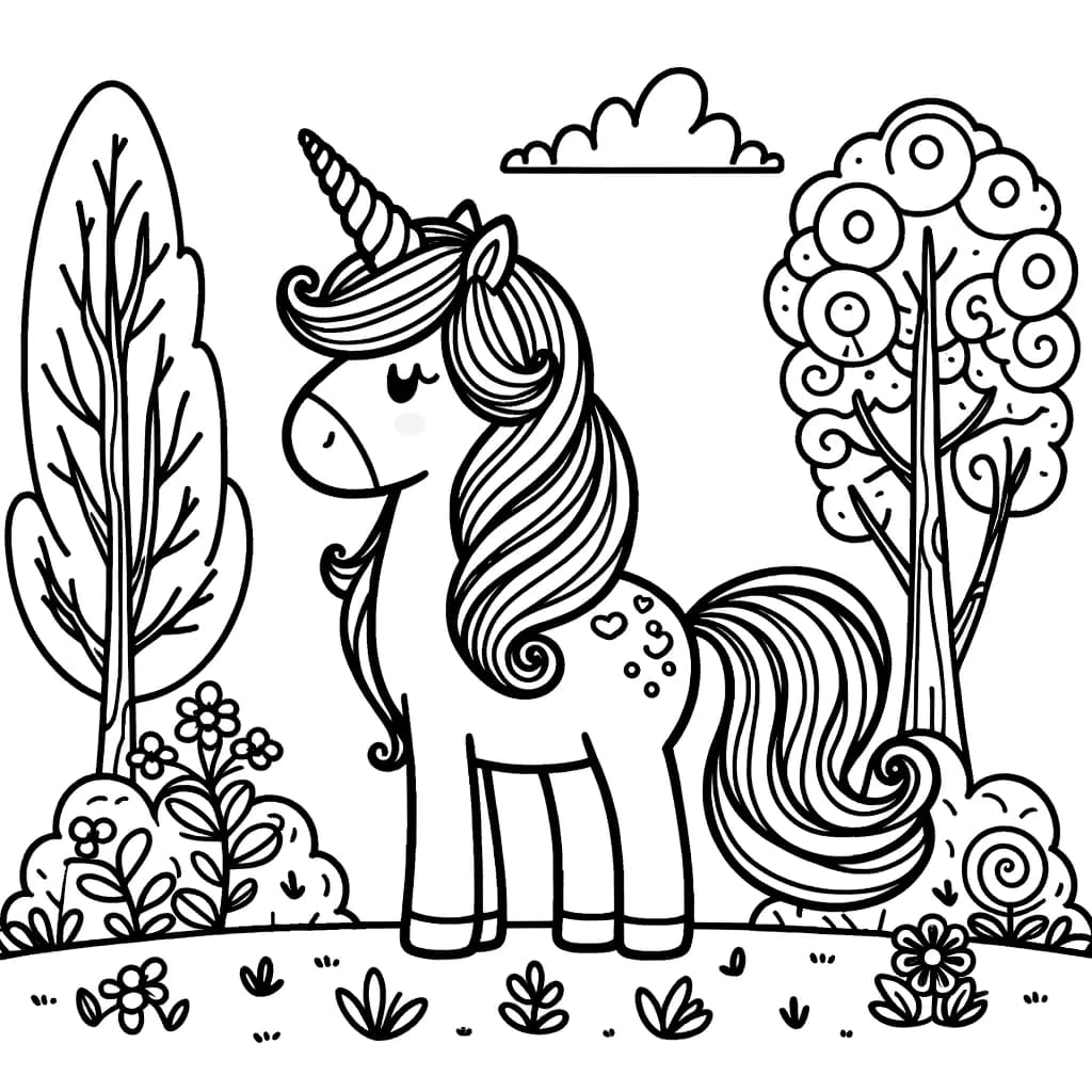 Ausmalbild - Das magische Einhorn im Zauberwald - Einhorn, Zauberwald, Bäume, Blumen