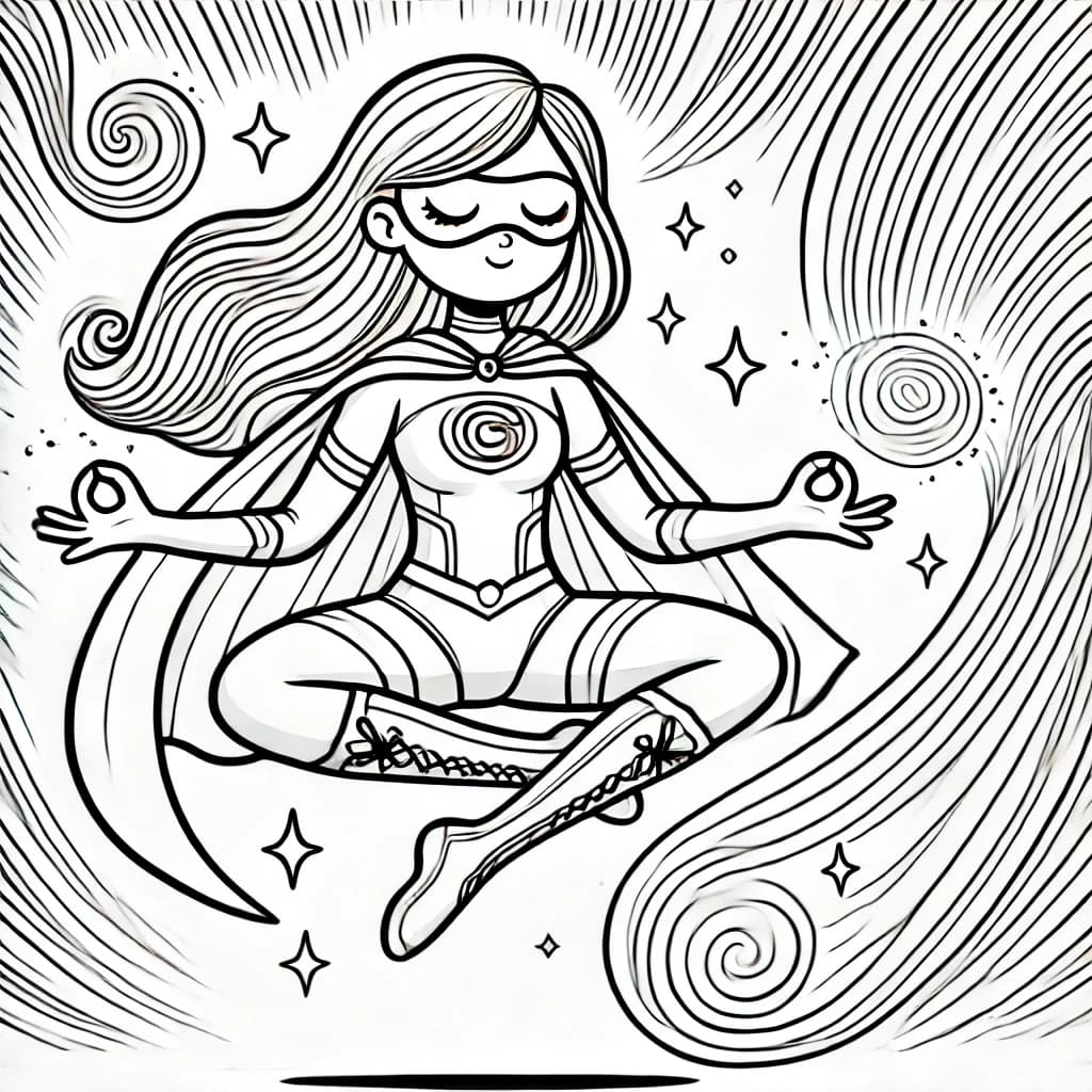 Ausmalbild - Meditierende Superheldin mit magischer Energie - Superheldin, Meditation, Magie, Energie