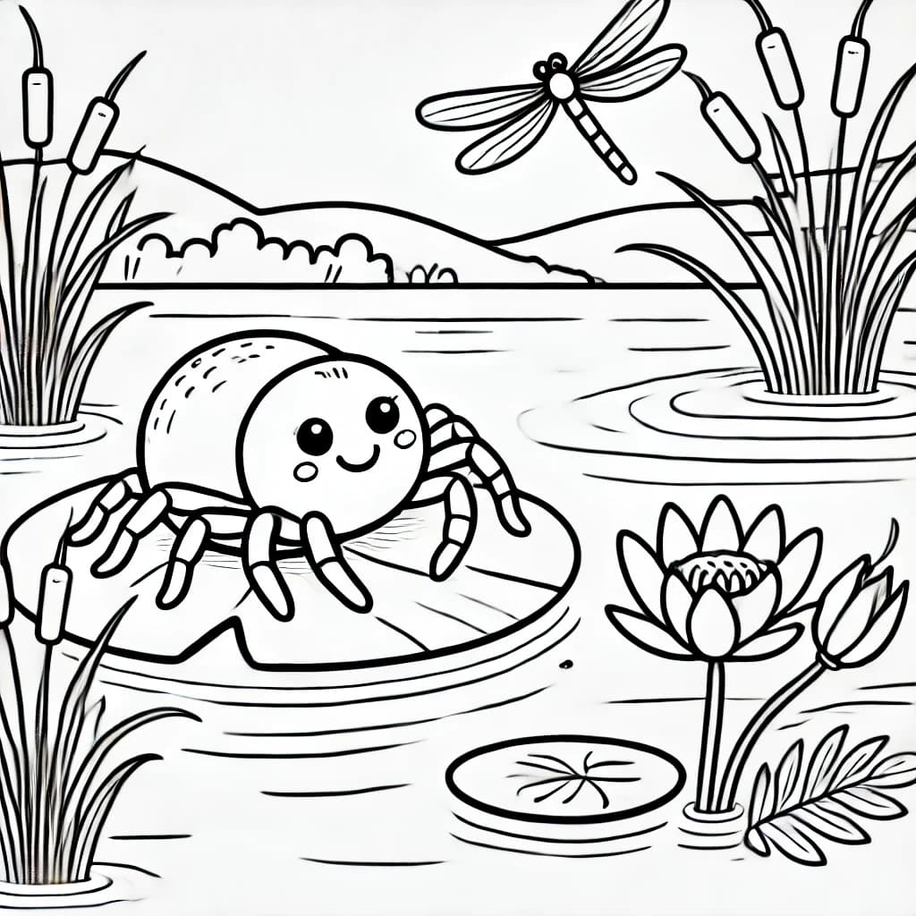 Ausmalbild - Seespinne auf dem Wasser - Spinne, See, Lilienblatt, Wasser