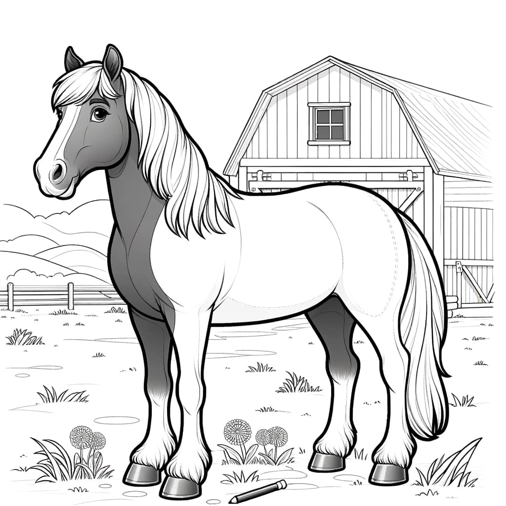 Ausmalbild - Das Pferd auf der Wiese - Pferd, Wiese, Scheune, Linien