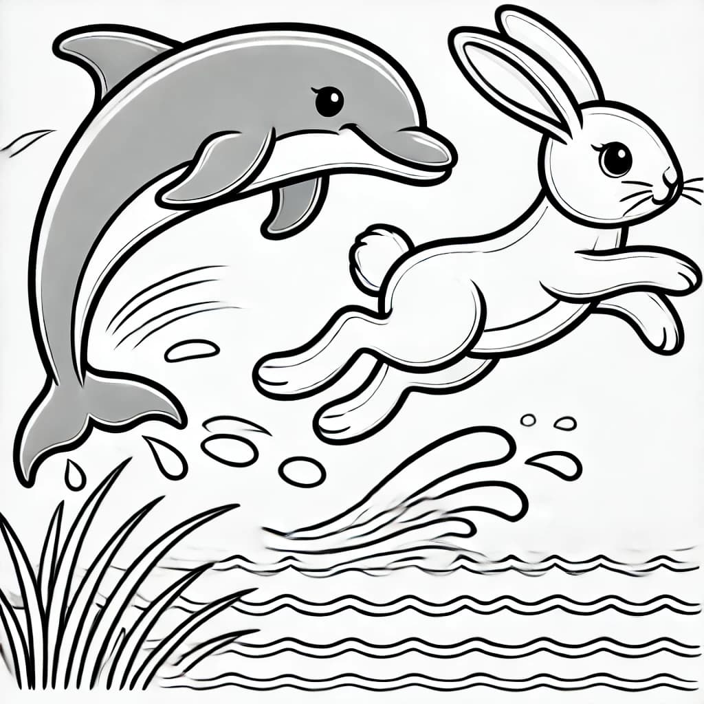 Ausmalbild - Das große Wetthüpfen – Delfin gegen Hase - Delfin, Hase, Wettrennen, Springen