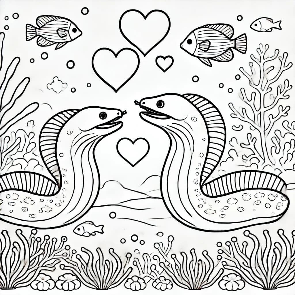 Ausmalbild - Verliebte Muränen unter Wasser - Muräne, Liebe, Unterwasser, Korallen
