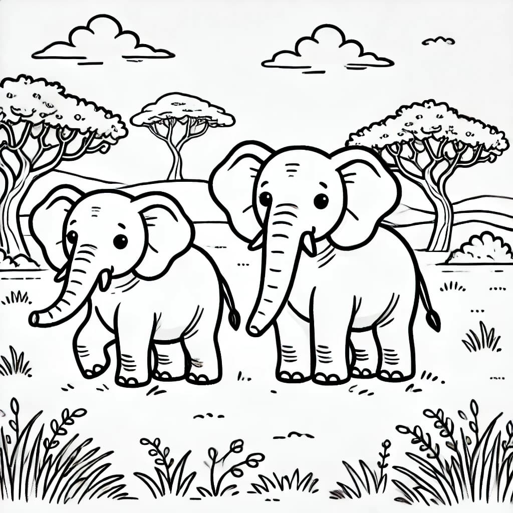 Ausmalbild - Zwei freundliche Elefanten in der Savanne - Elefant, Savanne, Tiere, Afrika