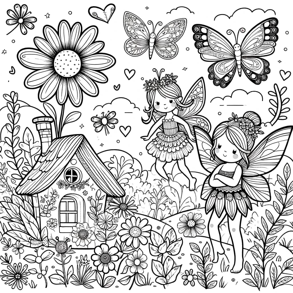 Ausmalbild - Feen im Zauberwald - Feen, Zauberwald, Blumen, Schmetterlinge