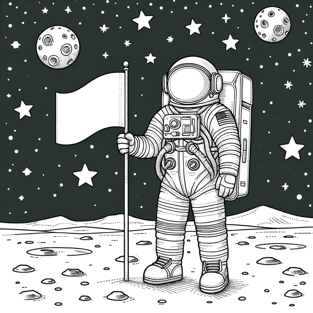 Ausmalbild - Astronaut auf dem Mond - Astronaut, Mond, Sterne, Flagge