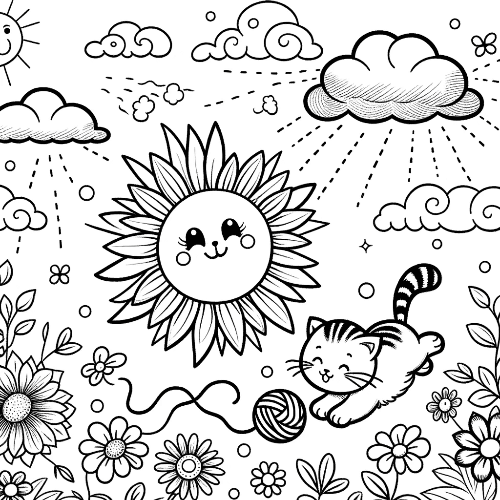 Ausmalbild - Sonniger Tag mit spielendem Kätzchen - Sonne, Wolken, Kätzchen, Wollknäuel