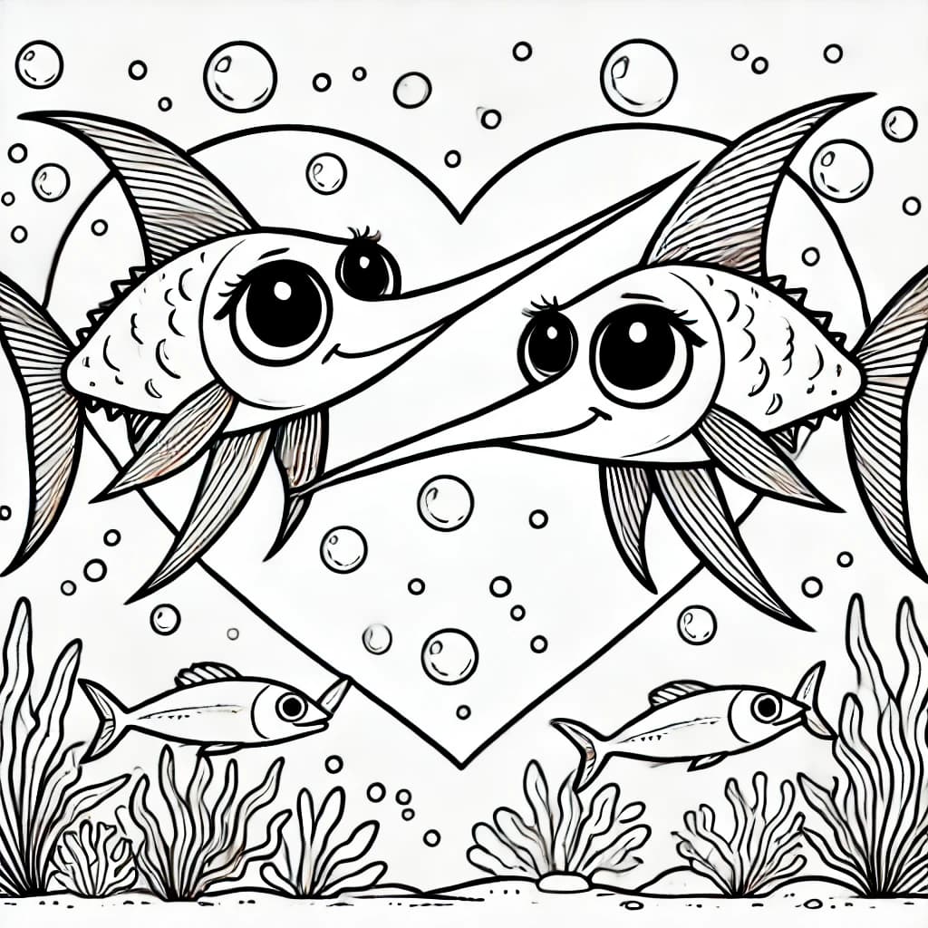 Ausmalbild - Verliebte Schwertfische - Schwertfisch, Meer, Liebe, Fische