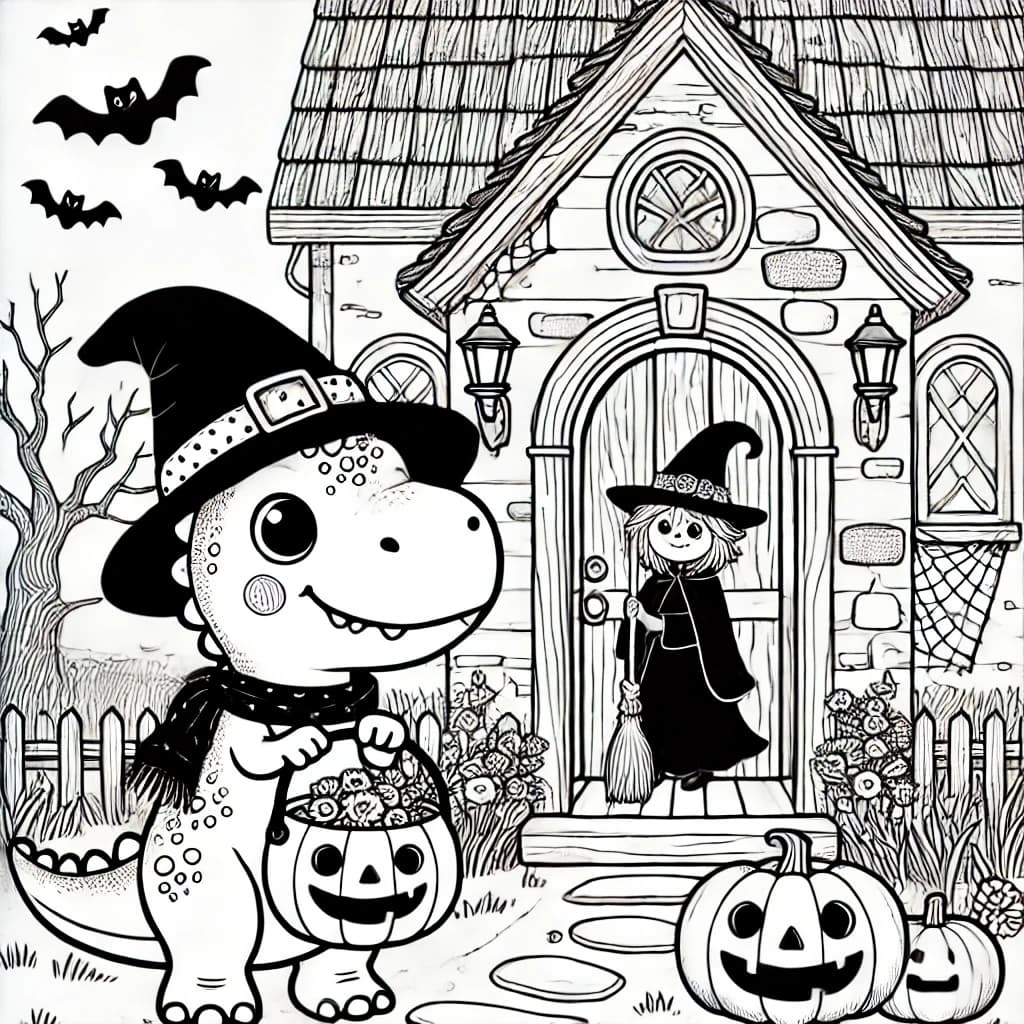 Ausmalbild - Halloween-Dino vor der Hexentür - Dinosaurier, Hexe, Halloween, Kürbis
