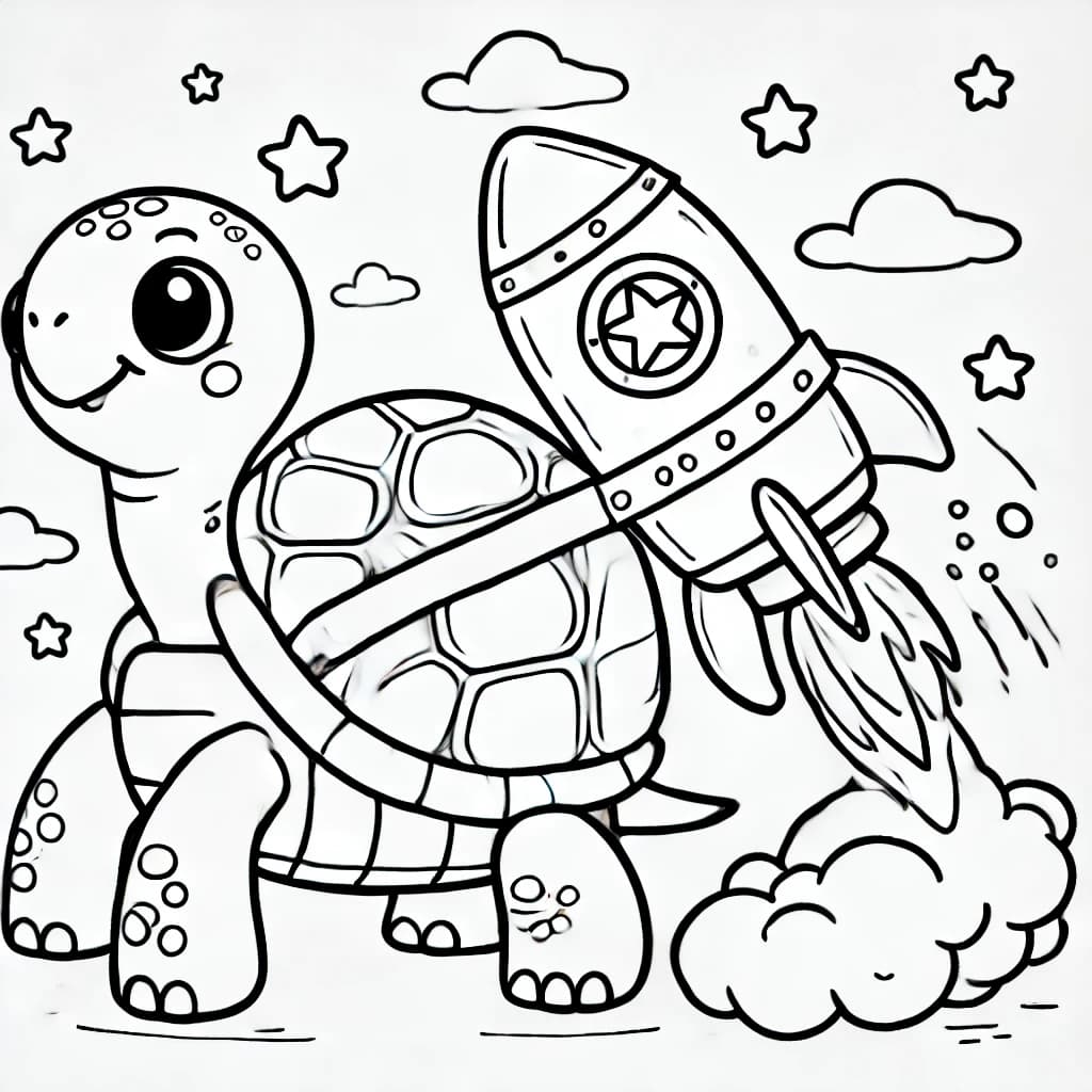 Ausmalbild - Turbo-Schildkröte 🚀 - Schildkröte, Rakete, schnell, lustig