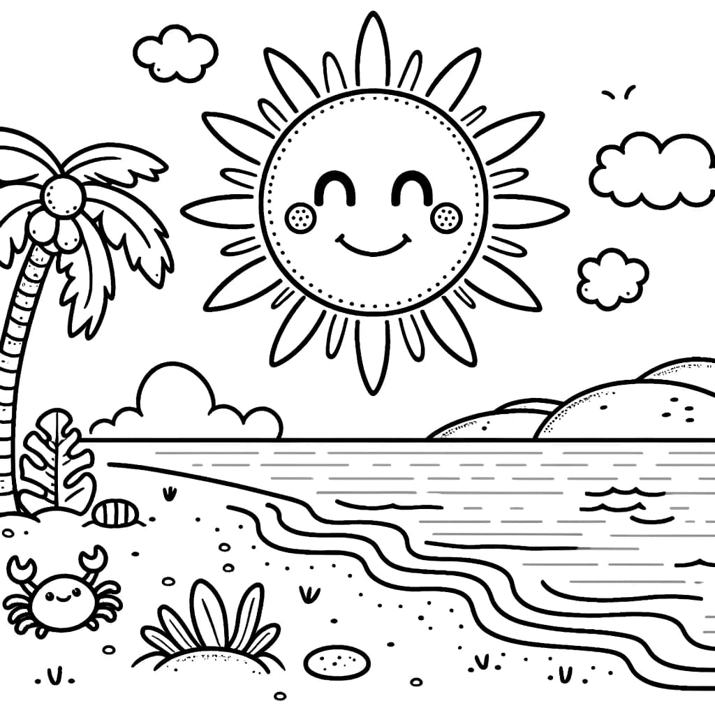 Ausmalbild - Meereslandschaft Sonne - Meereslandschaft, Sonne, Ozean, Strand