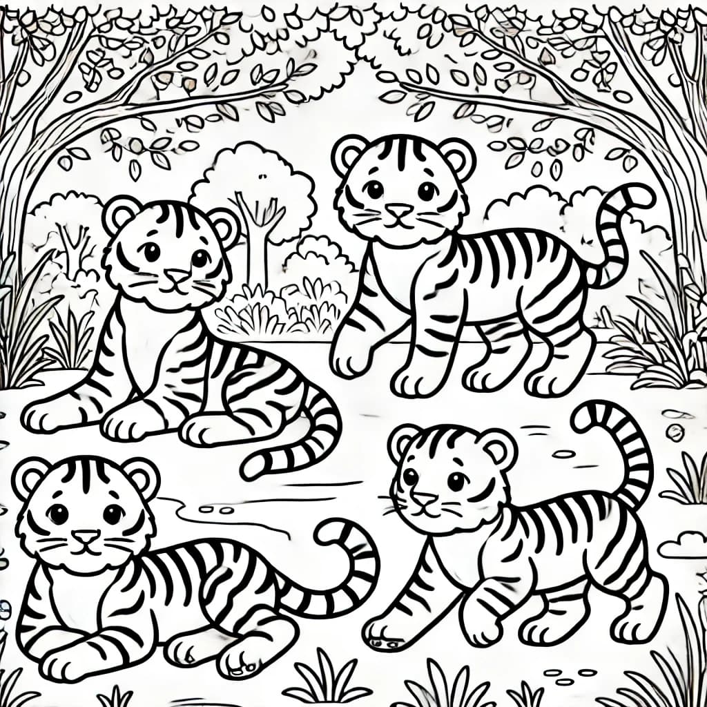 Ausmalbild - Tiger im Dschungel - Tiger, Dschungel, Tiere, Natur