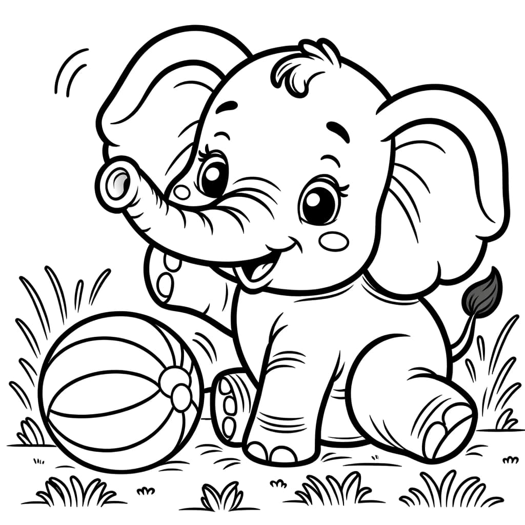 Ausmalbild - Der fröhliche Elefant mit Ball - Elefant, Ball, Wiese, spielen